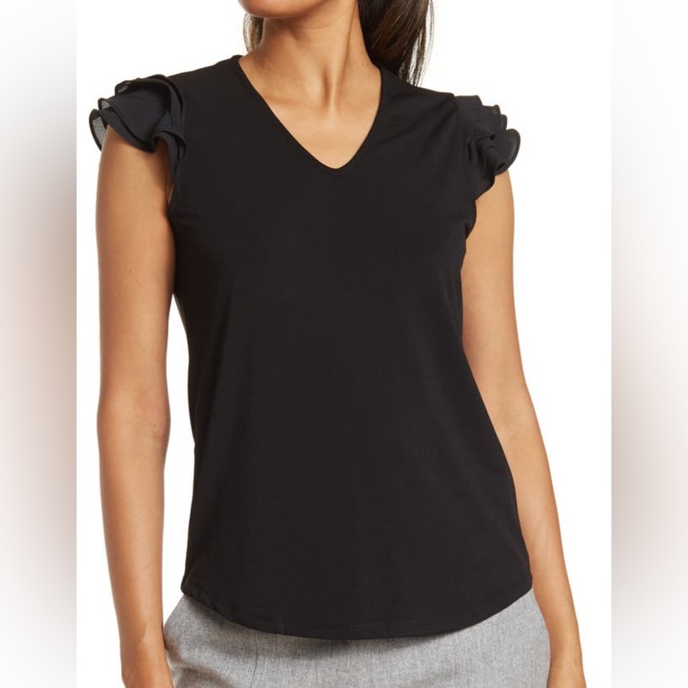Adrianna Papell V-Neck Tiered Ruffle Sleeve Crepe Knit Top Black Medium